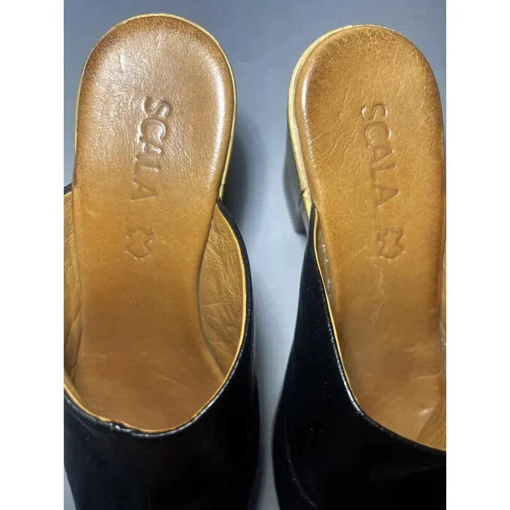 Scala Shoes Womens Size 39 Black Chunky Platform Mule Sandal Peep Toe Heels‎
